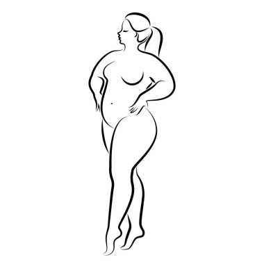 İnce, çıplak bir kadının silueti. Kız ayakta duruyor, aşırı kilolu. Güzellik ve cinsellik dolu bir kadın. Vektör illüstrasyonu