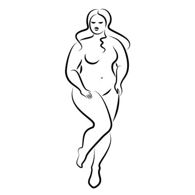 İnce, çıplak bir kadının silueti. Kız ayakta duruyor, aşırı kilolu. Güzellik ve cinsellik dolu bir kadın. Vektör illüstrasyonu