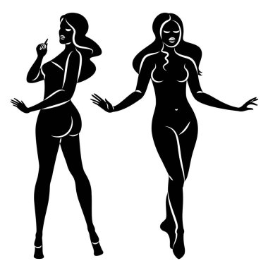 Hoş bir bayanın silueti, ayakta duruyor. Kızın güzel bir çıplak vücudu var. Kadın genç, seksi ve ince bir model. Vektör illüstrasyonu