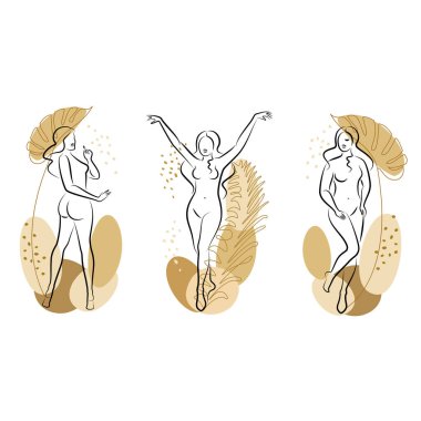 Tahsilat. Tatlı bir bayanın silueti ve bitki yaprakları. Kız ayakta duruyor. Kadının güzel bir çıplak vücudu var. O genç ve zayıf. Vektör illüstrasyonu