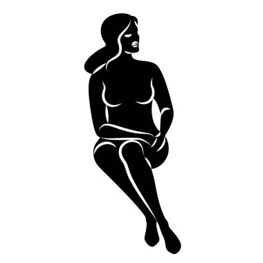 Tatlı bir bayanın silueti, oturuyor. Kızın güzel bir çıplak vücudu var. Kadın genç, seksi ve zayıf bir model. Vektör illüstrasyonu.