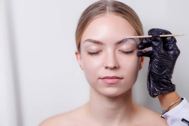 Usta, genç bir bayana kaş düzeltmesi yapıyor. Güzellik salonunda kına boyama işlemi. Uzun vadeli stil ve kaş kaplama kavramı. Mesaj için yer var. Beyaz arkaplan.