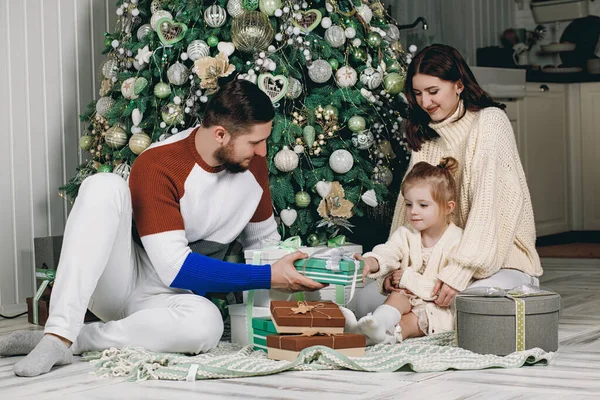 Hermosa Familia Joven Sentada Junto Árbol Navidad Bien Decorado Familia — Foto de Stock