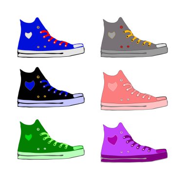 Ayak bileği yüksekliğindeki altı antrenörün farklı bitişlerde düz bir çizimi.