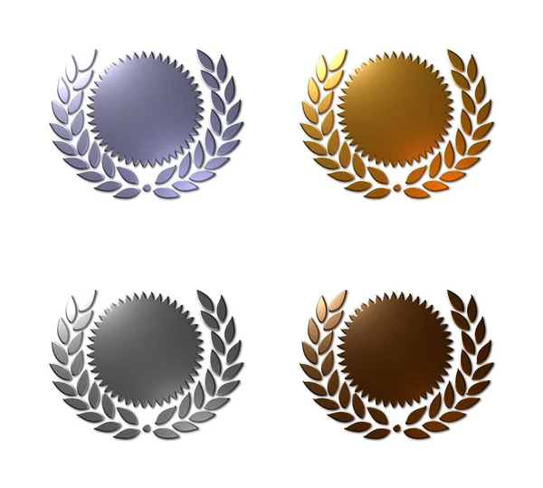 Dışında defne çelengi süslemeleri bulunan platin, altın, gümüş ve bronz renkli boş bir 3D serisi..