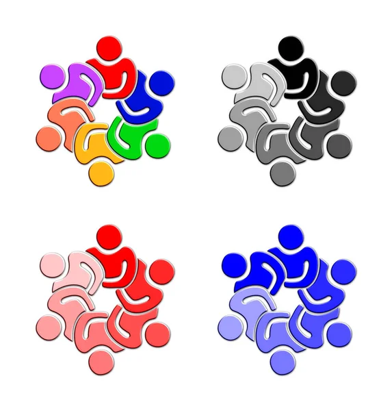 Dar bir çember oluşturan dört insansı heykel grubunun üç boyutlu bir çizimi. Takım çalışmalarını, mecazları veya insanlar arasındaki işbirliğini resmetmek için kullan.