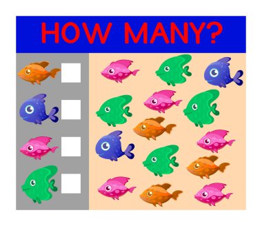 Anaokulu çocuklarına balık saymayı ve cevapları kaydetmeyi öğretmek için düz çizgili bir çalışma tablosu.