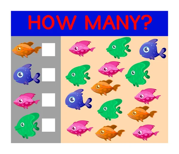 Flat Illustrated Worksheet Teaching Preschool Kids Count Fish Record Answers — Stock Photo, Image