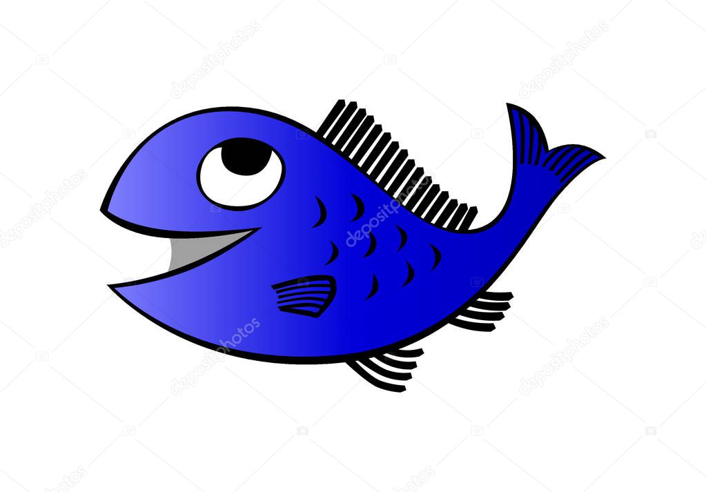 A flat illustration of a colourful fish in shades of blue with black lines