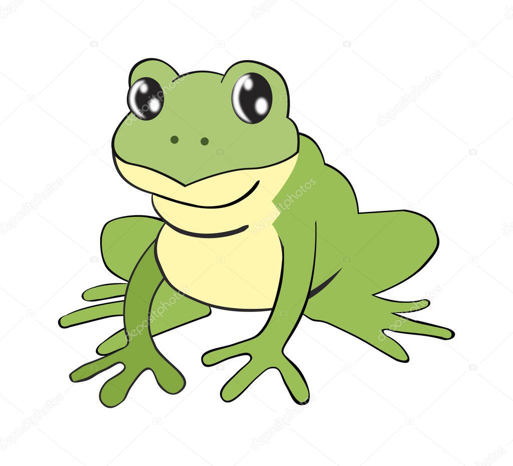 A flat drawing of a frog in shades of green and cream, isolated on a white background