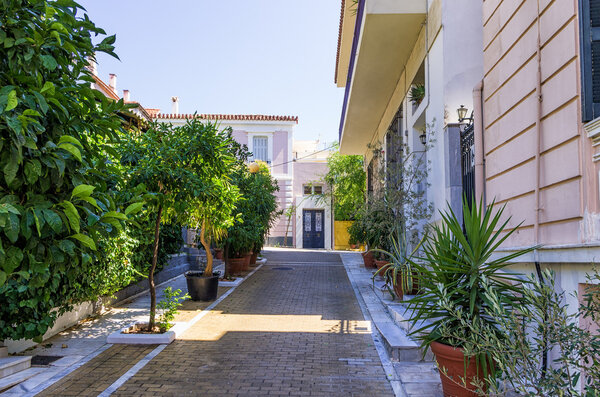Street with neoclassical buildings in Mets neighborhood, Athens, Greece
