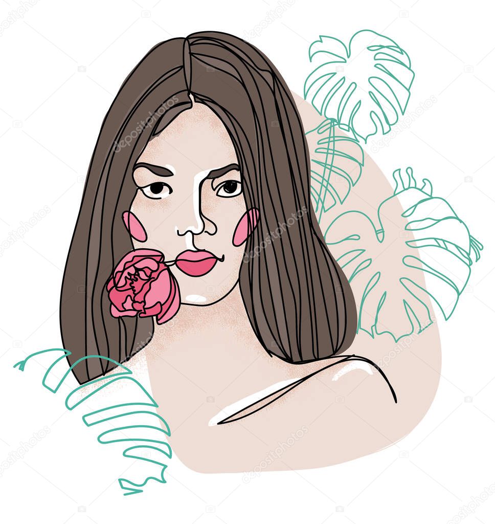 girl and tropical flowers. One line drawing. Large monstera leaves.