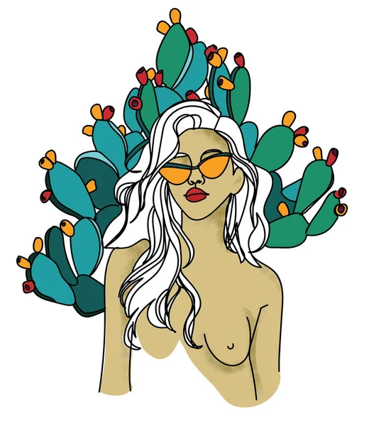 Rysunek Jednej Linii Dziewczyna Okularach Tle Kaktusów Stylowy Odcisk Wolność — Wektor stockowy
