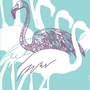 Flamingolu patern. Elle çizim. Çok renkli kuşlar. Havalı yaz tropikal arka planı.