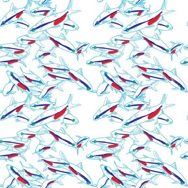 Balıklarla kusursuz bir desen. Neon balığı, neon. Akvaryum balığı. Serbest çizim. Tarz arka plan, egzotik arkaplan.