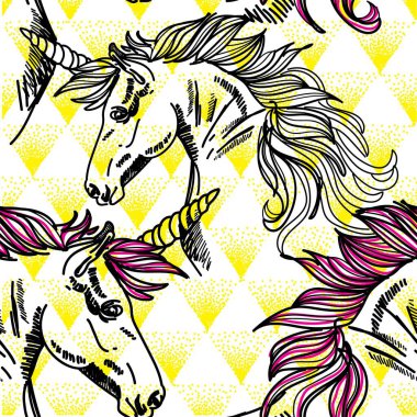 Tek boynuzlu atların kusursuz deseni. Sakallı ve uzun kuyruklu tek boynuzlu at. Heraldik kalıp, ortaçağ klasik şablonu.