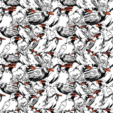 Kargalarla kusursuz bir düzen. Büyük kuşlar oturuyor. Klasik tarzda elle çizim yapmak. Gotik, şık bir arka plan..