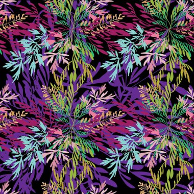 Kusursuz botanik desen, süs. Yapraklar, bitki dalları bukete dokunmuş. Vektör olarak el çizimi. Stil yaz arkaplanı.