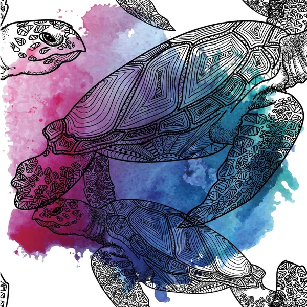 Seamless Pattern Sea Turtles Marine Life Doodling Mandala Pattern Drawing — Stock Vector