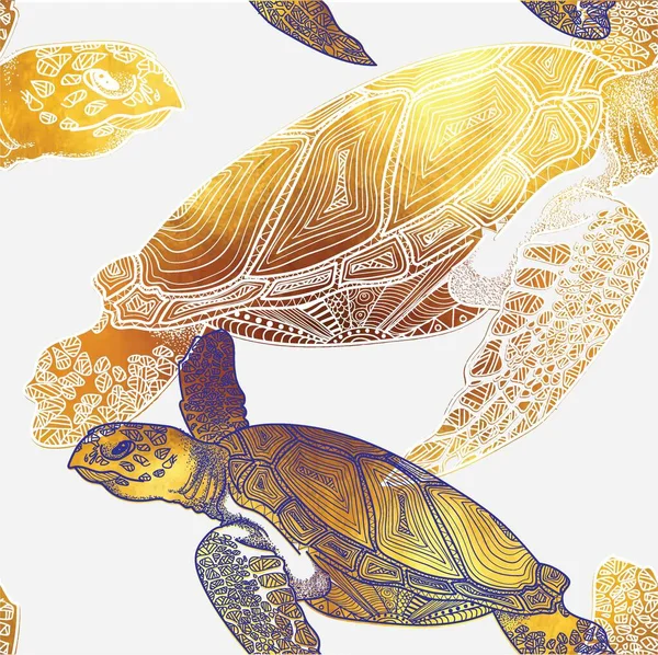 Naadloos Patroon Met Zeeschildpadden Maritiem Leven Doodling Mandala Patroon Met — Stockvector