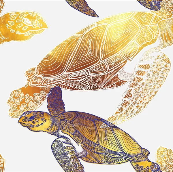 Deniz kaplumbağalarında kusursuz desen. Deniz hayatı. Karalama, mandala deseni. Elle çizim. Tarz arkaplanı.