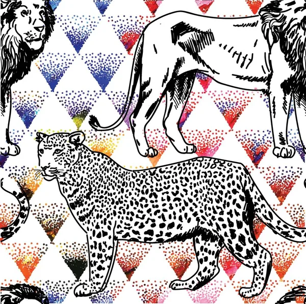 Płynny Wzór Dzikimi Kotami Rysowanie Ręczne Stylowe Egzotyczne Tło Lampart — Wektor stockowy