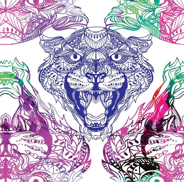 Seamless Pattern Leopards Doodling Mandala Pattern Drawing Hand Stylish Background — Stock Vector
