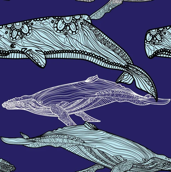 鲸鱼的无缝隙图案儿童的颜色 冥想的颜色 曼陀罗图案 手绘的文雅的背景 海洋格局 — 图库矢量图片