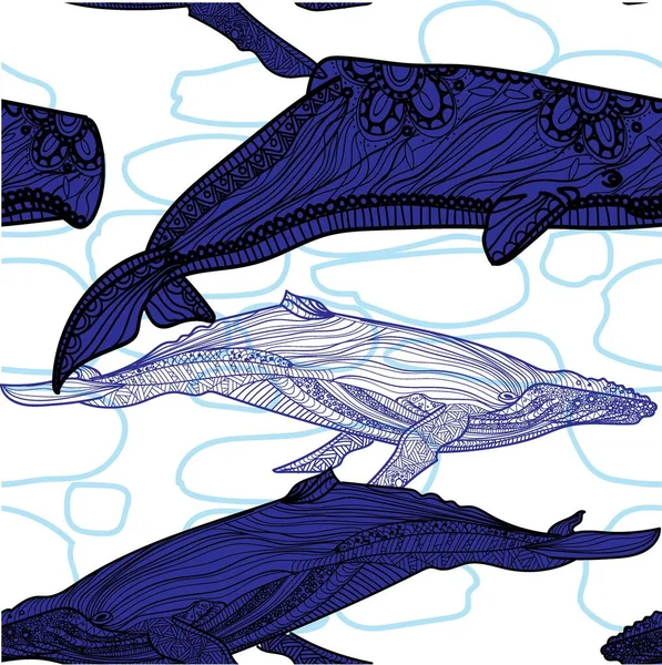 クジラとのシームレスなパターン 子供のための着色 瞑想的な着色 うっとうしいマンダラ模様 手描き スタイリッシュな背景 海の模様 — ストックベクタ