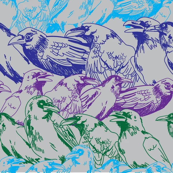 カラスとのシームレスなパターン 大きな鳥が座っている ヴィンテージスタイルで手描き ゴシック スタイリッシュな背景 — ストックベクタ