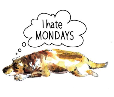 Pazartesilerden nefret ediyorum. Üzgün köpek uyuyor. Klasik tarzda elle çizim yapmak. Kartpostal, poster, tişörtte parmak izi..