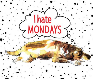 Pazartesilerden nefret ediyorum. Üzgün köpek uyuyor. Klasik tarzda elle çizim yapmak. Kartpostal, poster, tişörtte parmak izi..