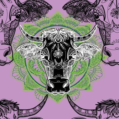 İneklerle desen. Çocuk boyası. Meditasyon tablosu. Noktalar, çizgiler, yün. Daha fazla boynuz. Evcil hayvanlar. Hindistan, etnik.