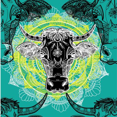 İneklerle desen. Çocuk boyası. Meditasyon tablosu. Noktalar, çizgiler, yün. Daha fazla boynuz. Evcil hayvanlar. Hindistan, etnik.