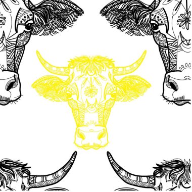 İneklerle desen. Çocuk boyası. Meditasyon tablosu. Noktalar, çizgiler, yün. Daha fazla boynuz. Evcil hayvanlar. Hindistan, etnik.