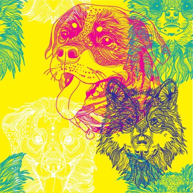 Köpeklerde kusursuz desen. Çocuk boyası, meditasyon renkleri. Chihuahua, Rottweiler ve Labrador. Meditasyon modeli. Noktalar, çizgiler, yün.