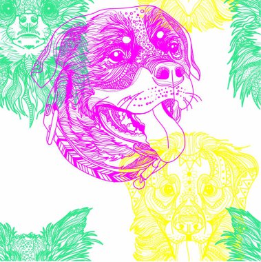 Köpeklerde kusursuz desen. Çocuk boyası, meditasyon renkleri. Chihuahua, Rottweiler ve Labrador. Meditasyon modeli. Noktalar, çizgiler, yün.