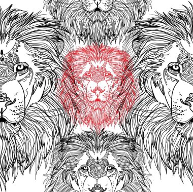 Aslanlarla kusursuz desen. Karalama, mandala. Elle çiziyorum. Şık bir arka plan. Tehlikeli bir yırtıcı, asil bir hayvan, harika bir yelesi var..
