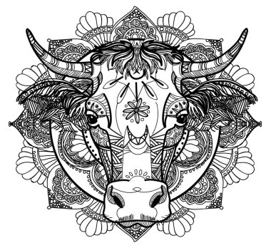 Zebu ineği, Hint ineği. Meditasyon renkleri, strese karşı renk verme. Desenler, noktalar, oklar, çizgiler, mandala. Etnik çizimler elle yapılır.