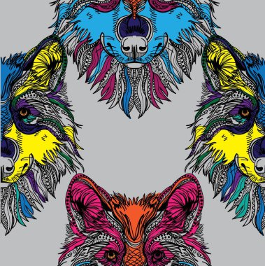 Kavrayıcı kurtların kusursuz deseni. Erkek modeli. Saldırgan, saldırgan. Karalama, mandala deseni. Elle çizim. Tarz arkaplanı.