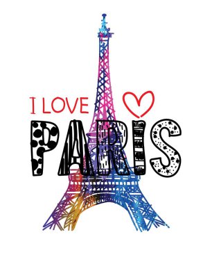 Paris 'i seviyorum. Kart, poster, tişört baskısı. Suluboya lekelerinin arka planında Eyfel Kulesi .