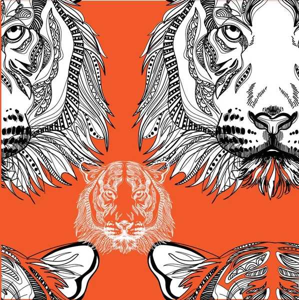 Nahtloses Muster Mit Tiger Doodling Mandala Handzeichnen Stilvoller Hintergrund Ein — Stockvektor