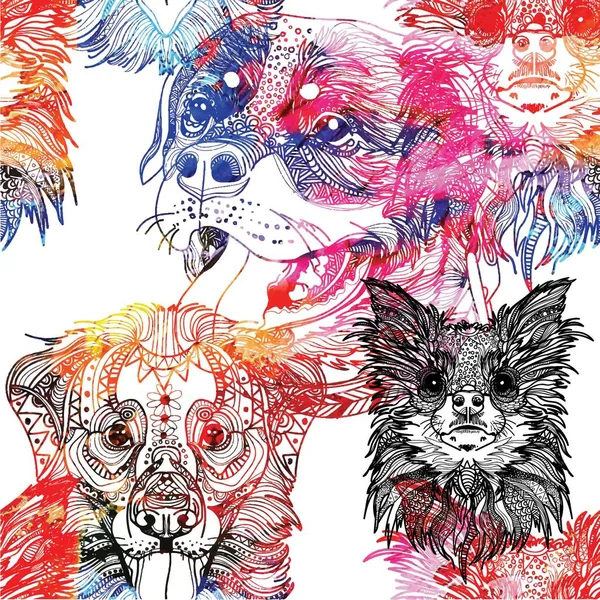 Seamless Pattern Dogs Children Coloring Meditative Coloring Chihuahua Rottweiler Labrador — Stock Vector