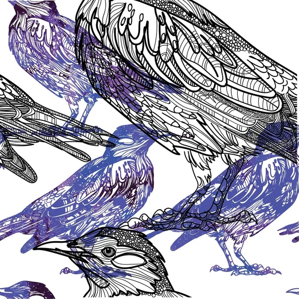 鸟类的无缝图案 药物着色 很多细节 抗压着色 曼达拉点 手绘古董画 — 图库矢量图片