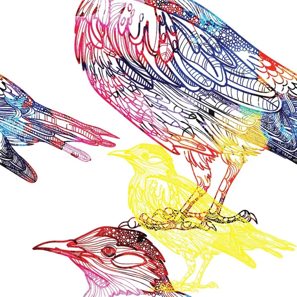 鳥とのシームレスなパターン 瞑想的な着色 パターン 多くの詳細 抗ストレス着色 曼荼羅 ポイント ストライプ 手描きのヴィンテージドローイング — ストックベクタ