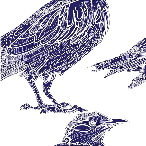 鸟类的无缝图案 药物着色 很多细节 抗压着色 曼达拉点 手绘古董画 — 图库矢量图片