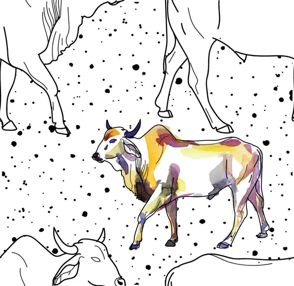 牛とのシームレスなパターン ズエブ牛 インドの牛 インド人だ 民族的背景 テキストの背景 — ストックベクタ