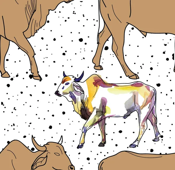 牛とのシームレスなパターン ズエブ牛 インドの牛 インド人だ 民族的背景 テキストの背景 — ストックベクタ