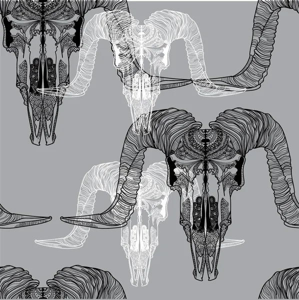 頭蓋骨とのシームレスなパターン 大きな角を持つラムの頭蓋骨 ラフパターン 瞑想パターン ドット ストライプ ウール — ストックベクタ