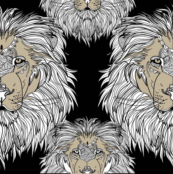 Seamless Pattern Lions Doodling Mandala Drawing Manually Stylish Background Dangerous — Stock Vector